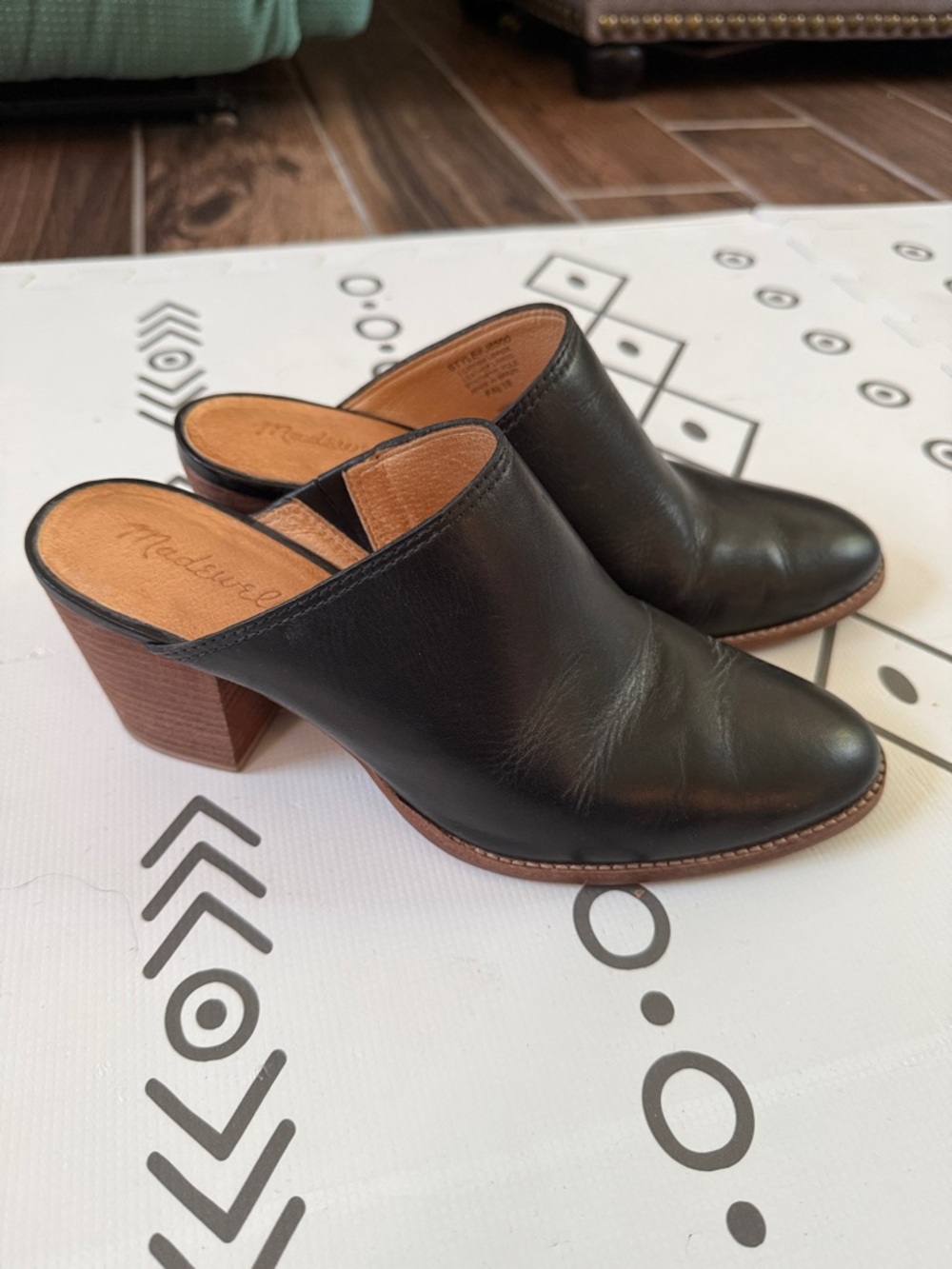 Madewell Black Leather Slip-On Mules with Brown Block Heel